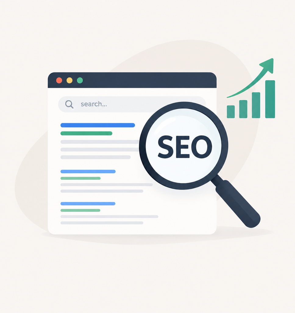 Een afbeelding waarbij de browser een zoekmachine laat zien en een vergrootglas met daarin het woord SEO. Hiernaast is er een grafiek tabeldiagram met een pijl dat opwaarts gaat refererende naar positieve SEO. 